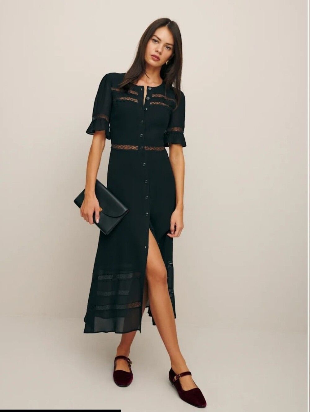 Reformation Woodson Dress Black Lace Button Front Midi Size 0 NWT - Picture 3 of 9